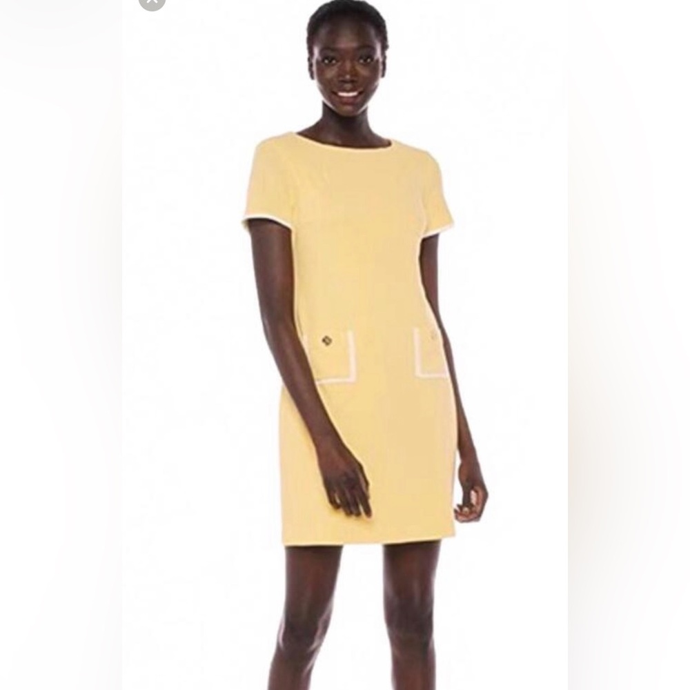 NWT Tommy Hilfiger Womens Faux Pocket Dress Size 8 Yellow White Short Sleeve